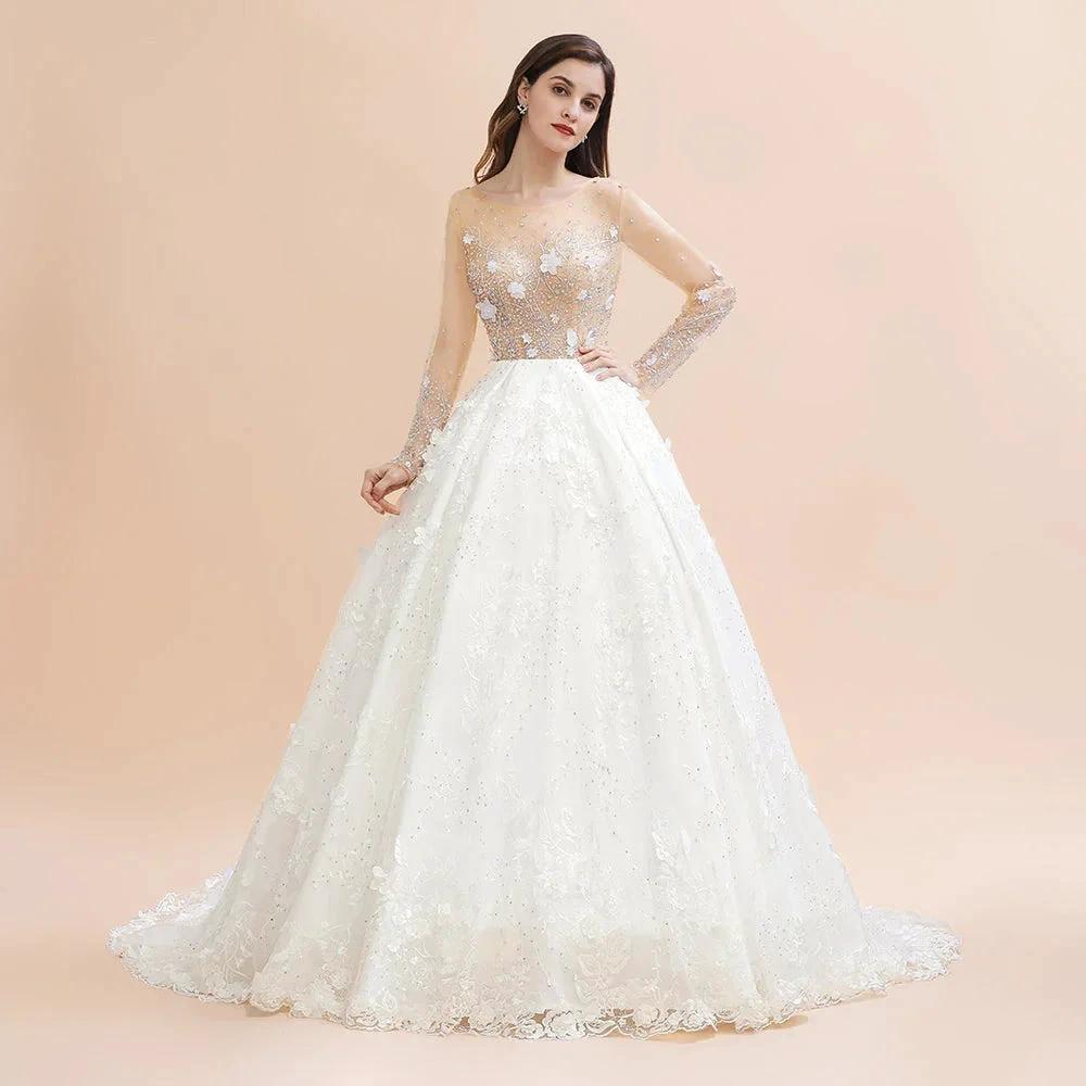 Charming Floral Lace Appliques Wedding Dress Gorgeous White Beads Bridal Gown (ZD13783) - VelvetHem