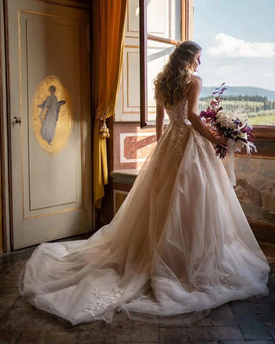 Charming Long A-Line Sweetheart Backless Train Tulle Floral Lace Wedding Dress (ZD14307)