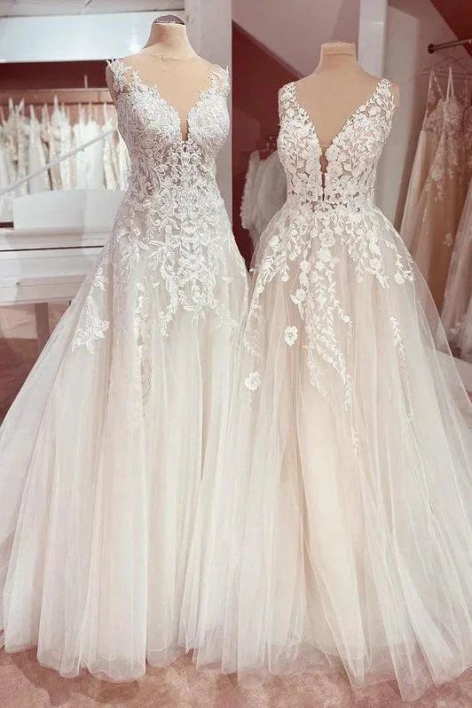 Charming Long A-Line V-neck Appliques Lace Tulle Wedding Dress (ZD15204) - VelvetHem