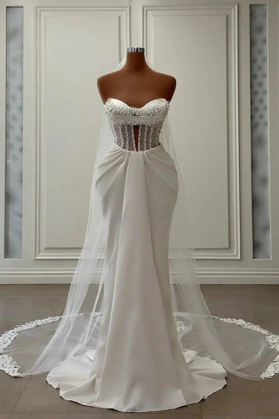Charming Long Ivory Mermaid Sleeveless Satin Wedding Dress With Pearls (ZD15682) - VelvetHem