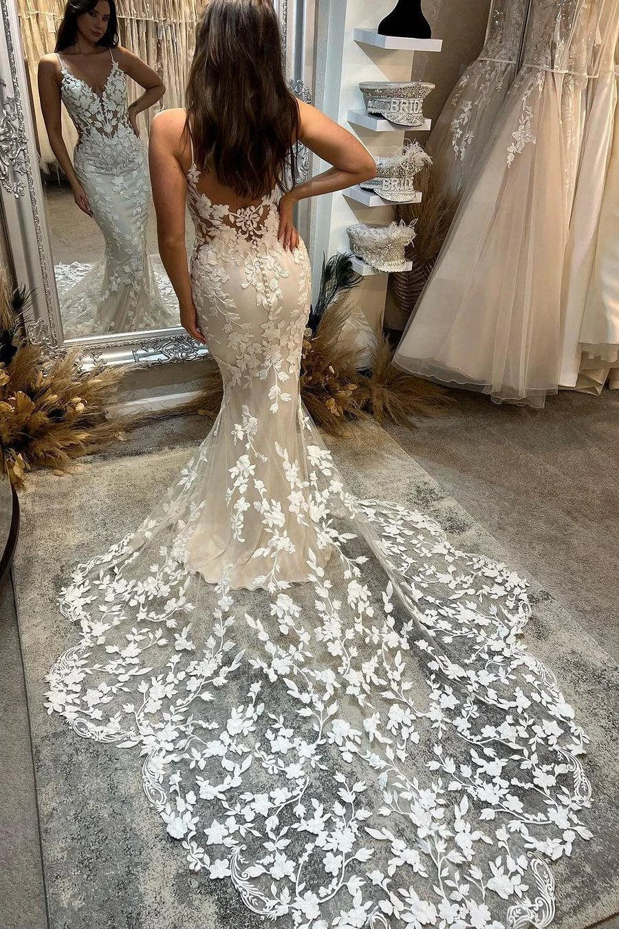 Charming Long Mermaid Spaghetti Straps Appliques V-neck Wedding Dress With Train (ZD15666)