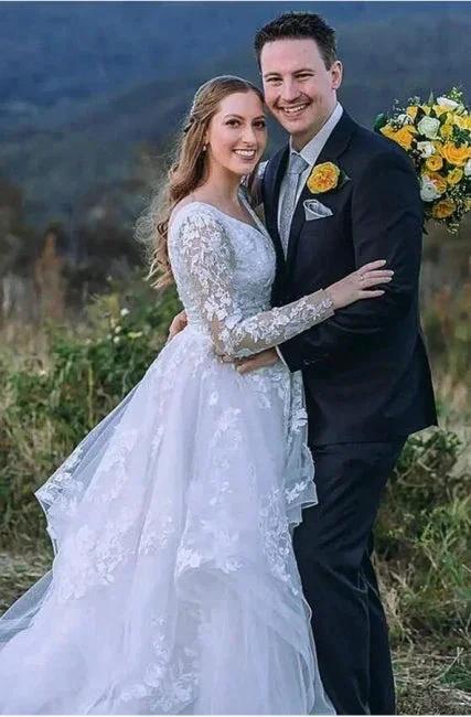 Charming Long Sleeves V-Neck Garden Lace A-Line Wedding Dress (ZD14883)