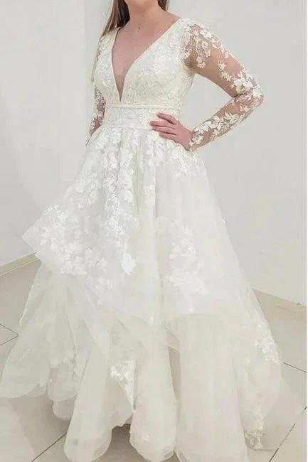 Charming Long Sleeves V-Neck Garden Lace A-Line Wedding Dress (ZD14883)