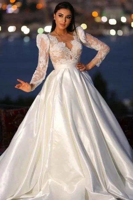 Charming Long Sleeves V-neck Satin Wedding Dress with Lace (ZD14886)