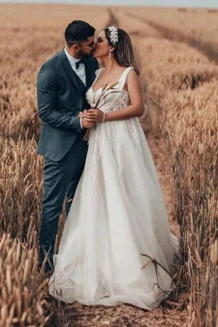 Charming Long White A-line Tulle Sleeveless Wedding Dress with Lace (ZD16624)
