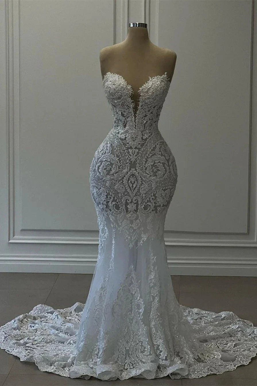Charming Long White Sweetheart Mermaid Lace Sleeveless Wedding Dress (ZD15680) - VelvetHem