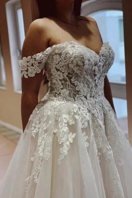 Charming Off the Shoulder Strapless A-Line Lace Tulle Wedding Dress (ZD14892)