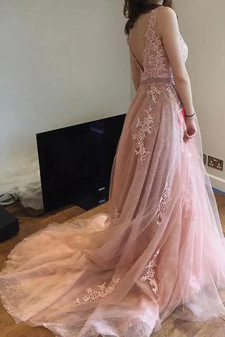 Charming Pink Lace Tulle  Open Back  Little Train Wedding Dresses (ZD15479)