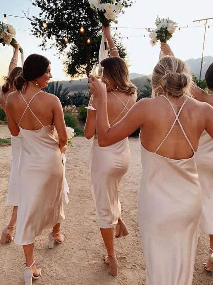 Charming Spaghetti Straps Champagne Silk Satin Bridesmaid Dresses (ZD13252)