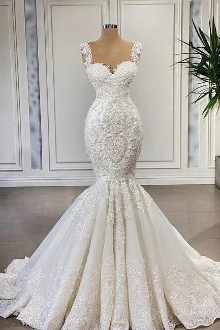 Charming Straps Sleeveless Mermaid Wedding Dress with Ruffles (ZD14939) - VelvetHem