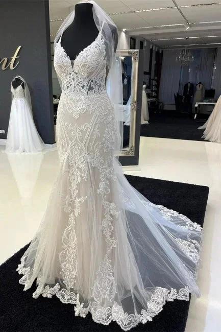 Charming Sweetheart Spaghetti Straps Garden Lace Wedding Dress with Chapel Train (ZD14943) - VelvetHem