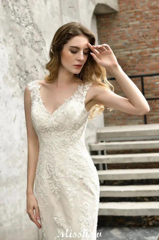 Charming V-Neck Floral Lace Mermaid Bridal Gown Sleeveless Sain Dress For Bride (ZD13893)
