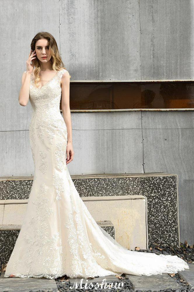 Charming V-Neck Floral Lace Mermaid Bridal Gown Sleeveless Sain Dress For Bride (ZD13893)