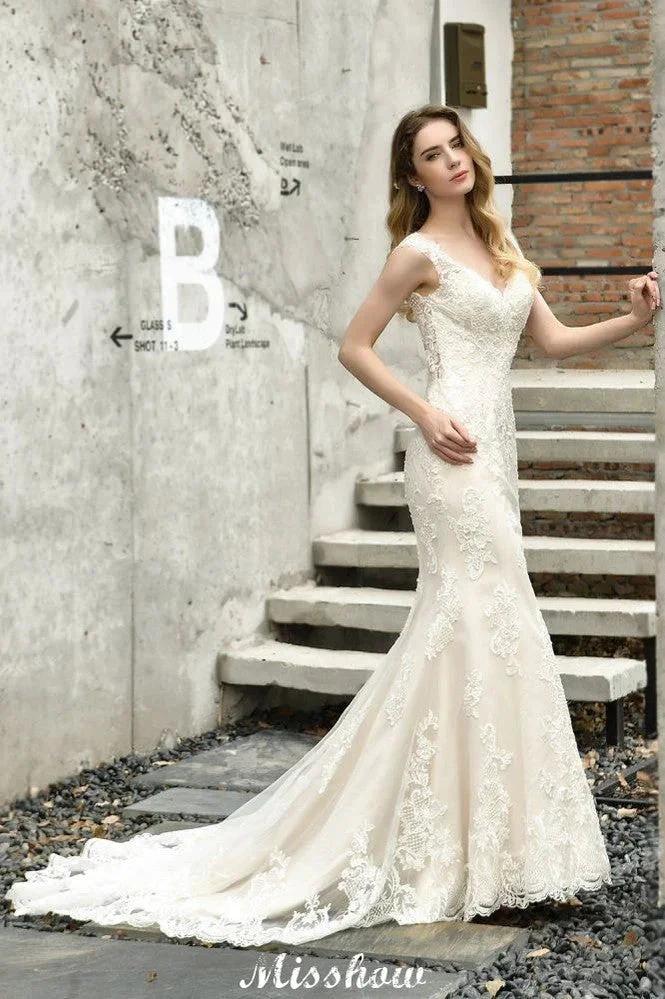 Charming V-Neck Floral Lace Mermaid Bridal Gown Sleeveless Sain Dress For Bride (ZD13893)
