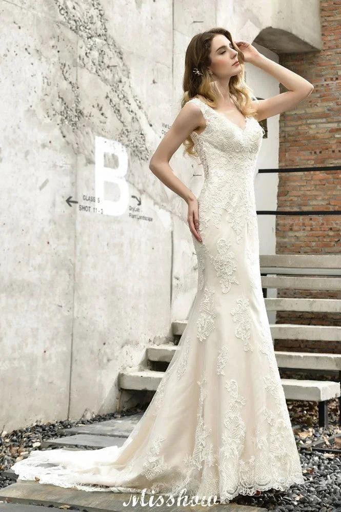Charming V-Neck Floral Lace Mermaid Bridal Gown Sleeveless Sain Dress For Bride (ZD13893)
