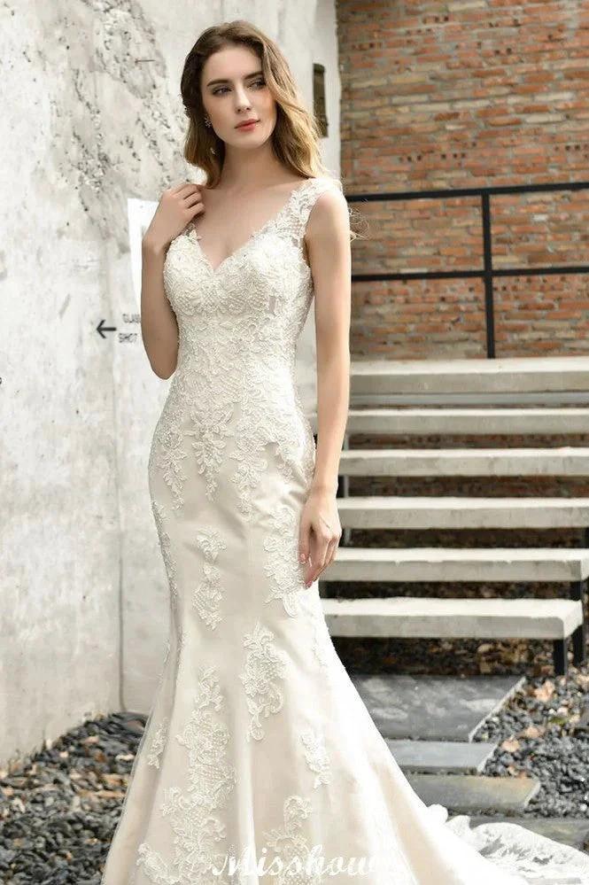 Charming V-Neck Floral Lace Mermaid Bridal Gown Sleeveless Sain Dress For Bride (ZD13893)