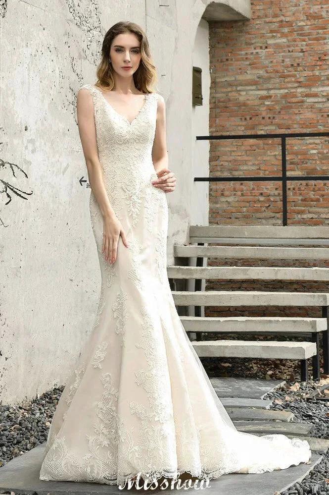 Charming V-Neck Floral Lace Mermaid Bridal Gown Sleeveless Sain Dress For Bride (ZD13893) - VelvetHem