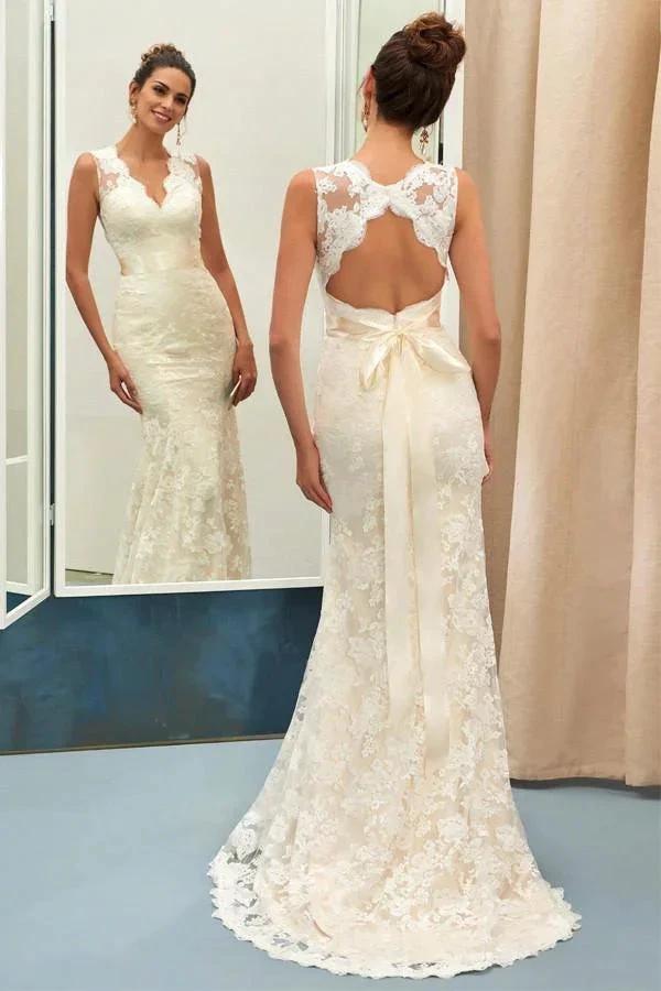 Charming V Neck Lace Sheath Wedding Dress With Sashes (ZD16352)