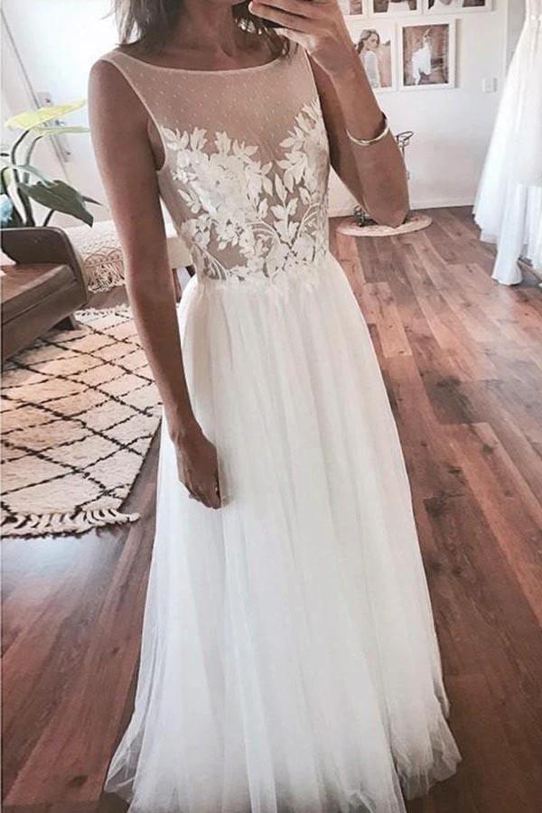 Ivory Tulle Beach Lace Applique See Through Wedding Dress (ZD15371)