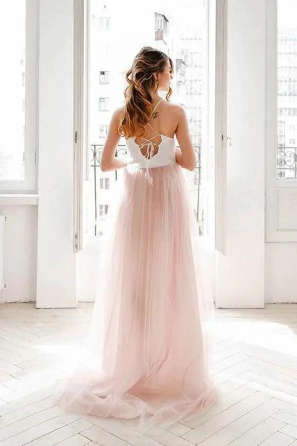 Light Pink Wedding Dresses Spaghetti Strap Tulle Beach Wedding Dress (ZD15379)