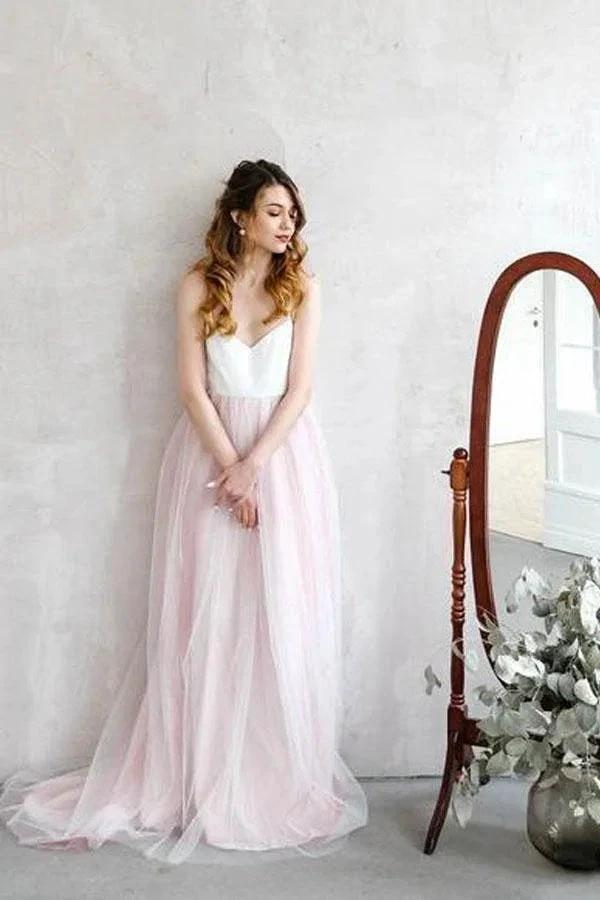 Light Pink Wedding Dresses Spaghetti Strap Tulle Beach Wedding Dress (ZD15379)