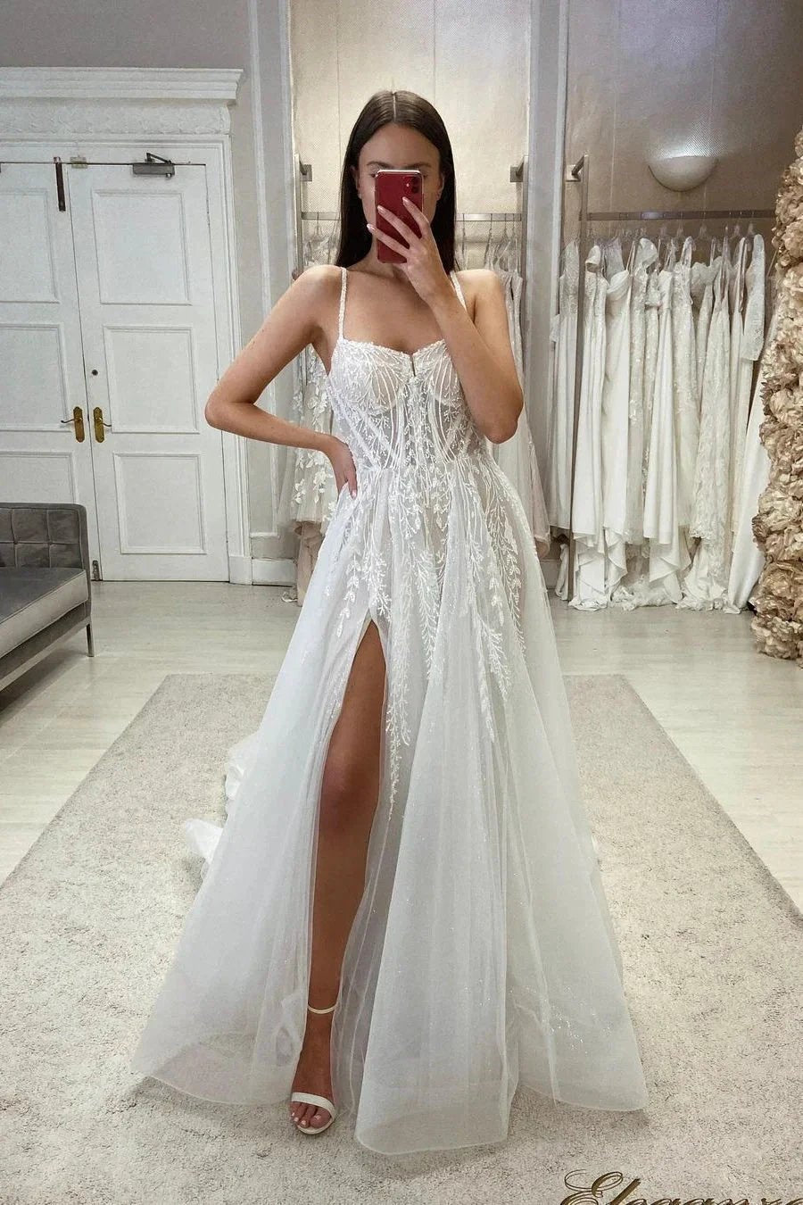 Chic A-line Spaghetti Straps Lace Tulle Sleeveless Wedding Dress With Slit (ZD14551)