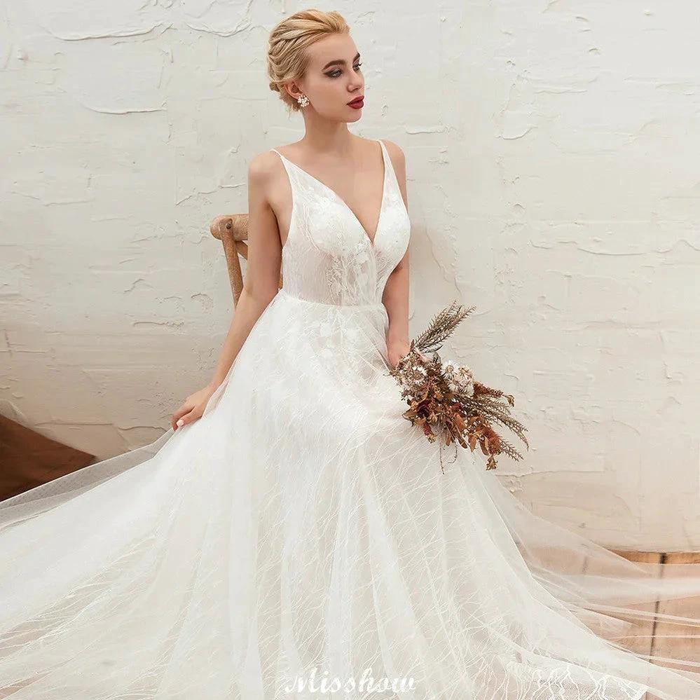 Chic Deep V-Neck White Tulle Princess Open Back Wedding Dress with Court Train (ZD13977)