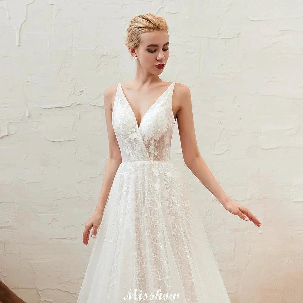 Chic Deep V-Neck White Tulle Princess Open Back Wedding Dress with Court Train (ZD13977)
