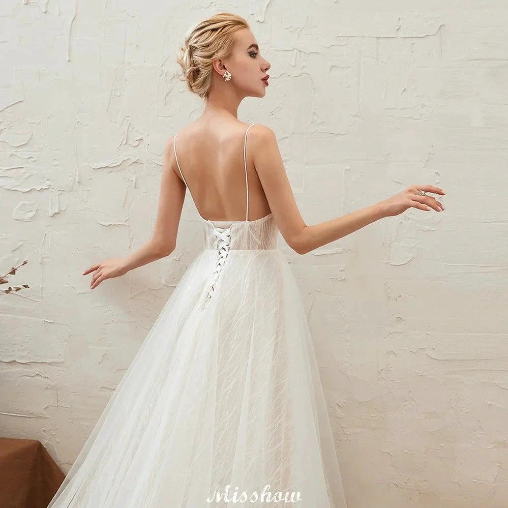 Chic Deep V-Neck White Tulle Princess Open Back Wedding Dress with Court Train (ZD13977)