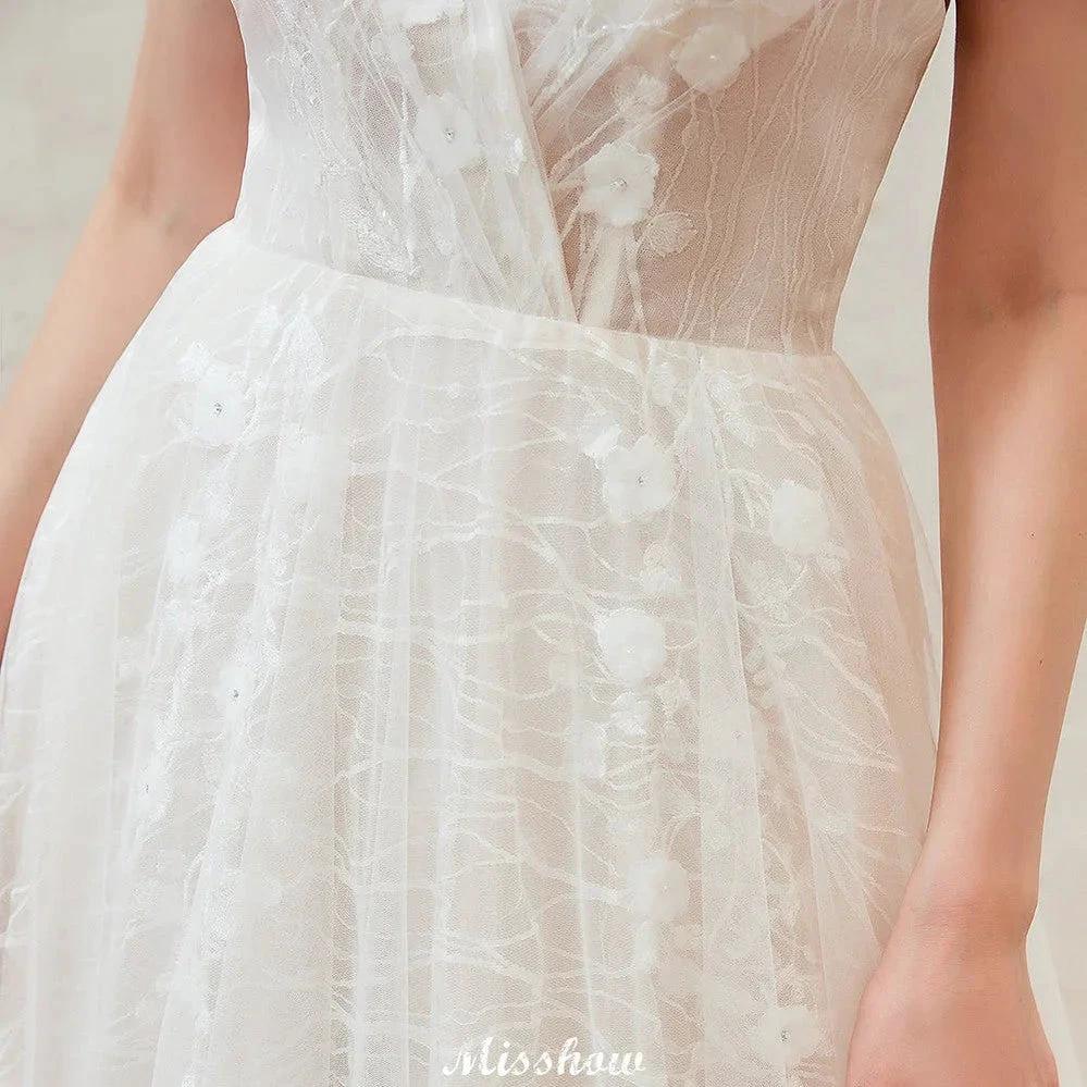 Chic Deep V-Neck White Tulle Princess Open Back Wedding Dress with Court Train (ZD13977)