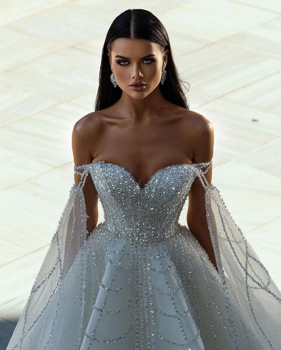 Chic Floor Length Sweetheart Off-The-Shoulder A-Line Sequined Wedding Dress (ZD14788)