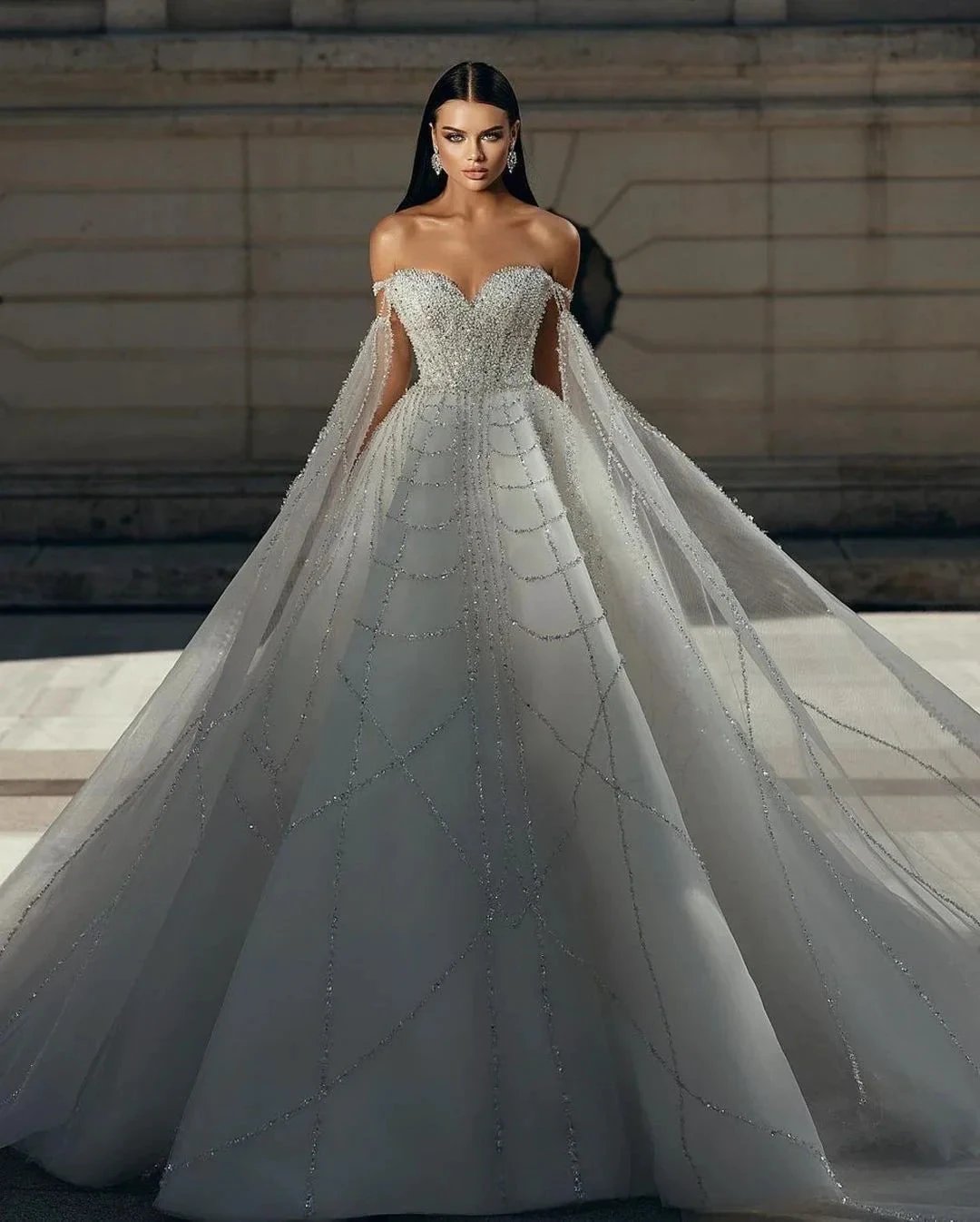 Chic Floor Length Sweetheart Off-The-Shoulder A-Line Sequined Wedding Dress (ZD14788)