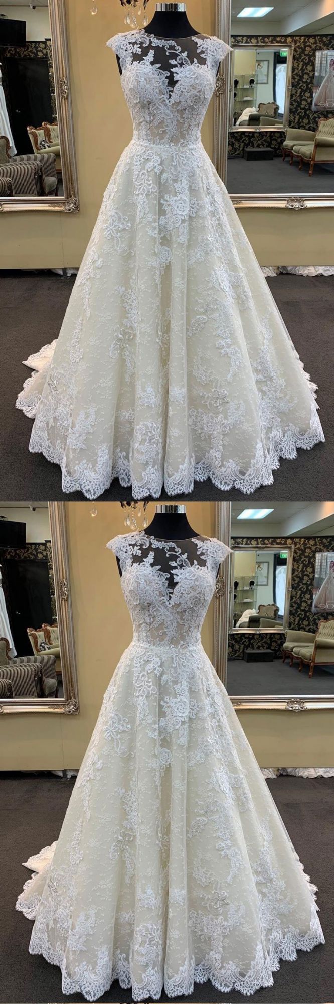 Chic Ivory Lace Round Neck Long Wedding Dress Cap Sleeve Sweep Train Bridal Gowns On Sale (ZD17449)