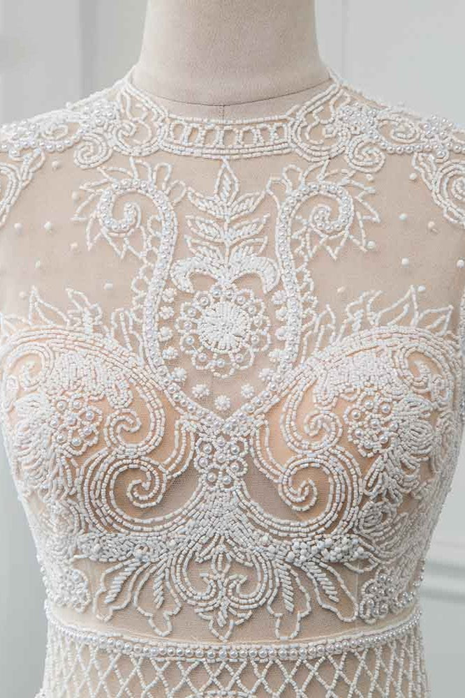 Chic Jewel Chiffon Ruffle White Wedding Dresses Lace Top Sleeveless Bridal Gowns with Pearls (ZD17454)