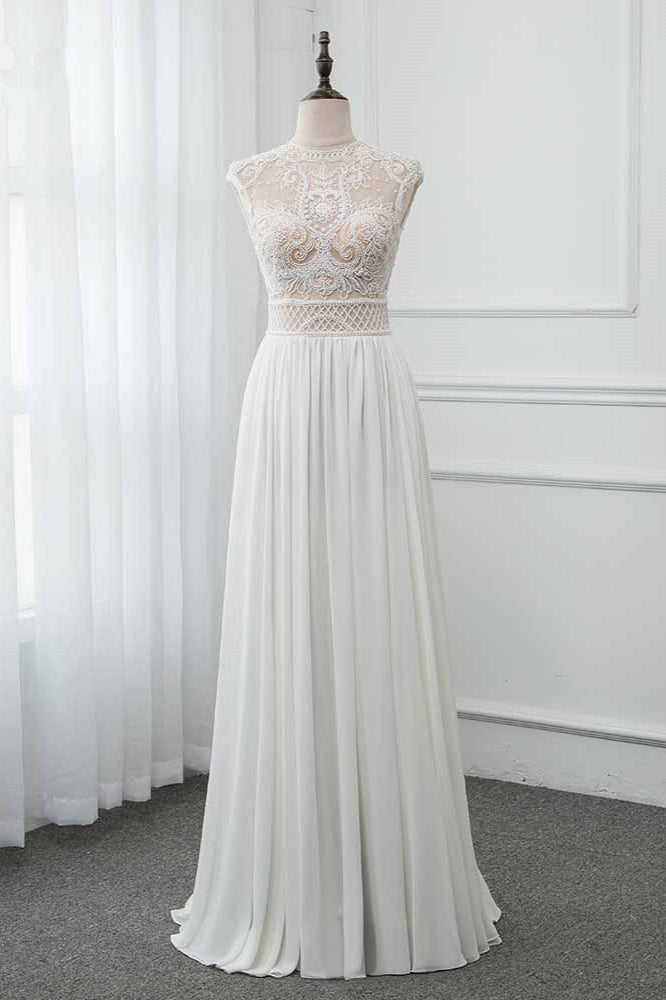 Chic Jewel Chiffon Ruffle White Wedding Dresses Lace Top Sleeveless Bridal Gowns with Pearls (ZD17454)