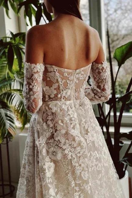 Chic Long A-line Off-the-shoulder Lace Beading Wedding Dress with Long Sleeves (ZD15565)
