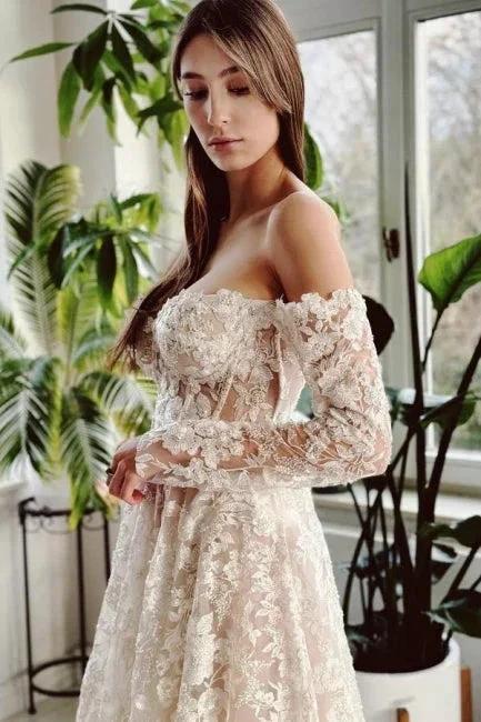 Chic Long A-line Off-the-shoulder Lace Beading Wedding Dress with Long Sleeves (ZD15565)
