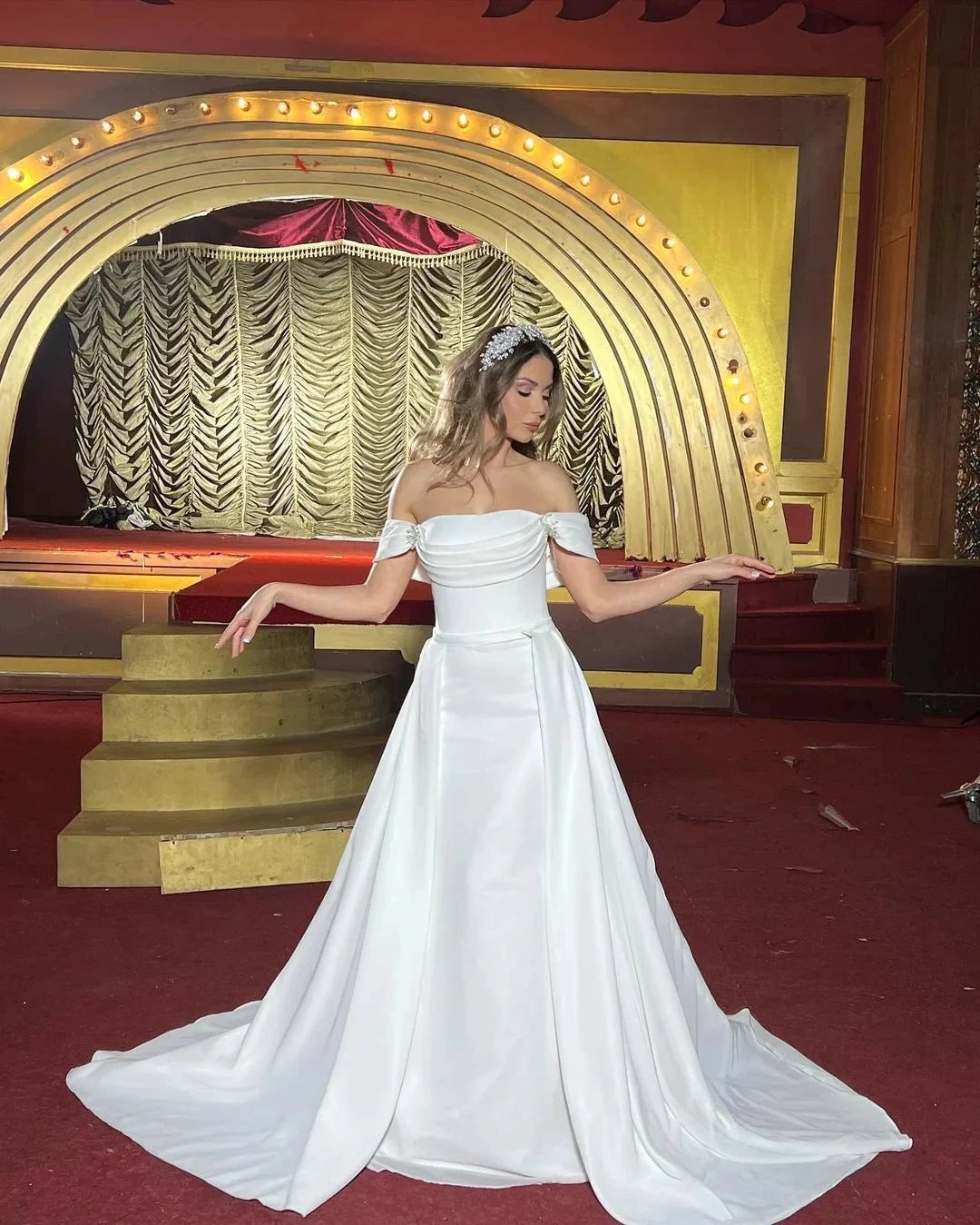 Chic Long A-line Off-the-shoulder Sleeveless Wedding Dress With Detachable Train (ZD14827)