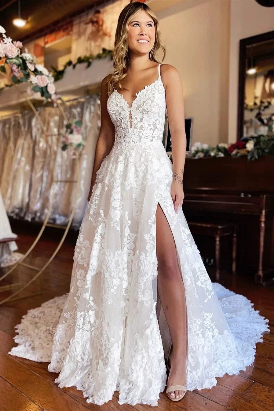 Chic Long A-line Spaghetti Straps Lace Wedding Dress With Slit (ZD16391) - VelvetHem