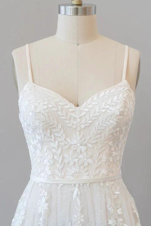 Chic Long A-line Sweetheart Spaghetti Strap Appliques Tulle Wedding Dress (ZD15781)