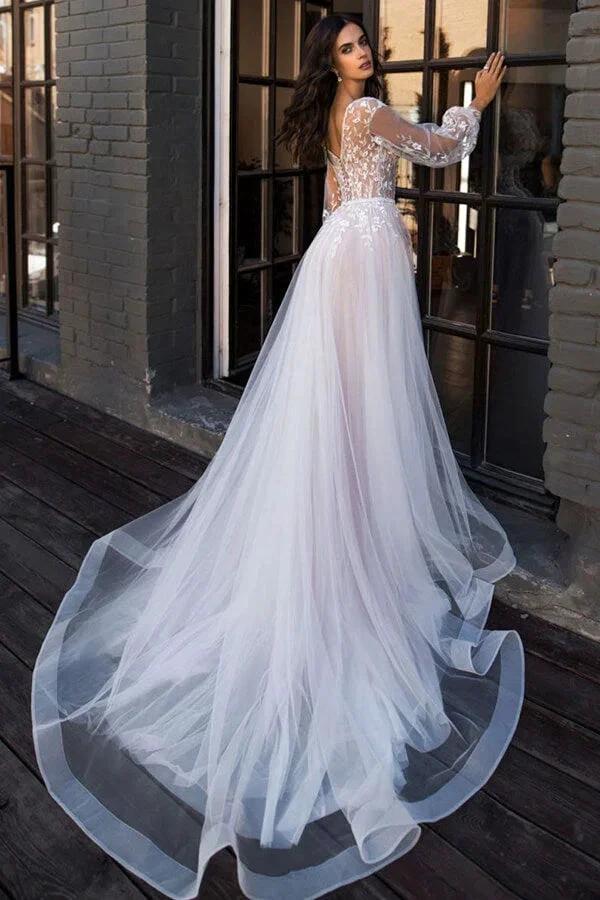 Chic Long A-line V-neck Tulle Lace Chapel Train Wedding Dress with Sleeves (ZD14362)
