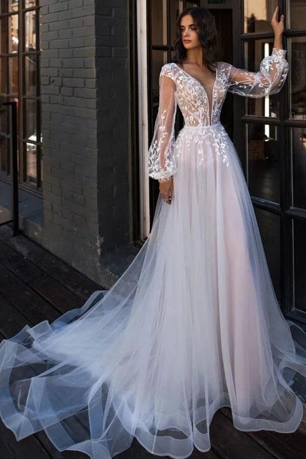 Chic Long A-line V-neck Tulle Lace Chapel Train Wedding Dress with Sleeves (ZD14362)