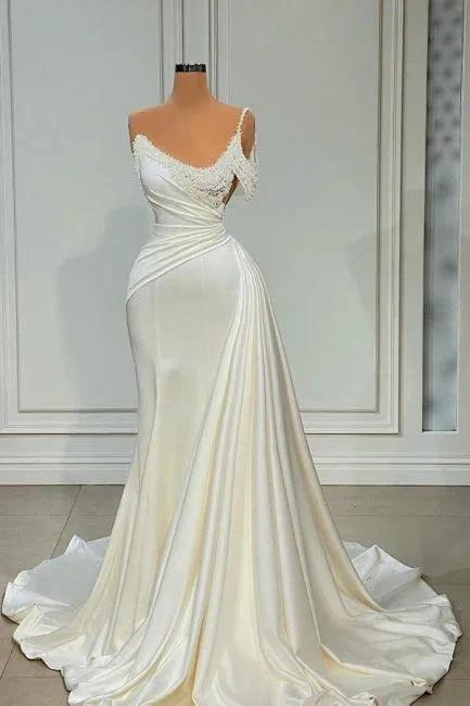 Chic Long Ivory Mermaid One Shoulder Sleeveless Wedding Dress with Pearls (ZD15608) - VelvetHem