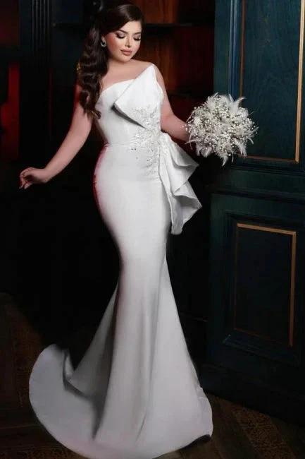 Chic Long Mermaid Simple Satin Strapless Wedding Dress With Lace (ZD15615) - VelvetHem