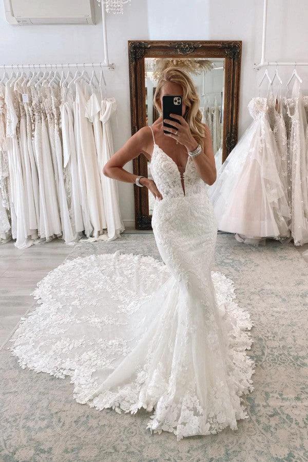 Chic Long Mermaid Sweetheart Sleeveless Spaghetti Straps Lace Backless Wedding Dresses (ZD16698) - VelvetHem