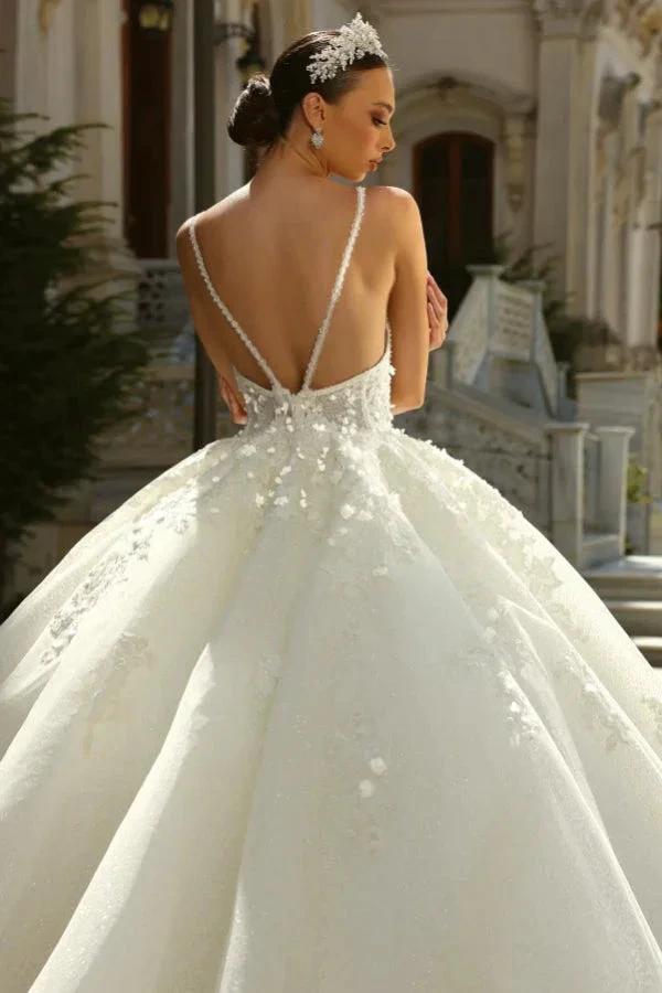 Chic Long Princess A-line Ivory Spaghetti Straps Tulle Lace Wedding Dress with Glitter (ZD15547)