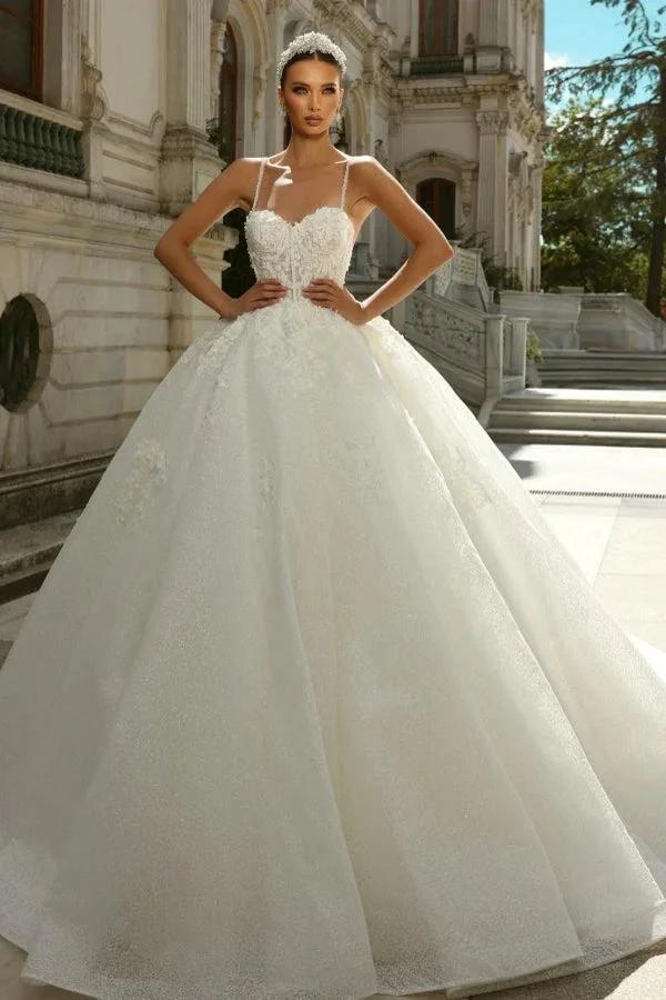 Chic Long Princess A-line Ivory Spaghetti Straps Tulle Lace Wedding Dress with Glitter (ZD15547) - VelvetHem