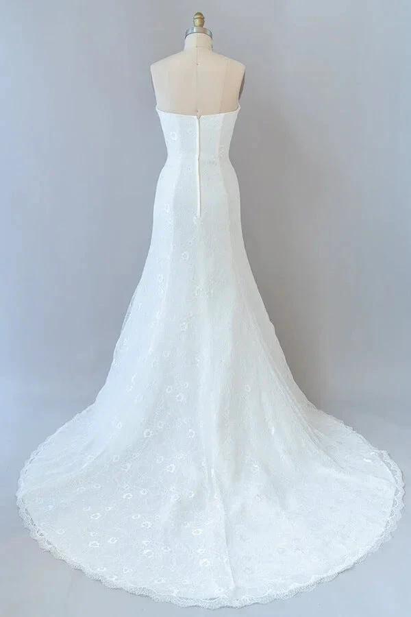 Chic Long Sheath Strapless Ruffle Lace Wedding Dress (ZD14387)