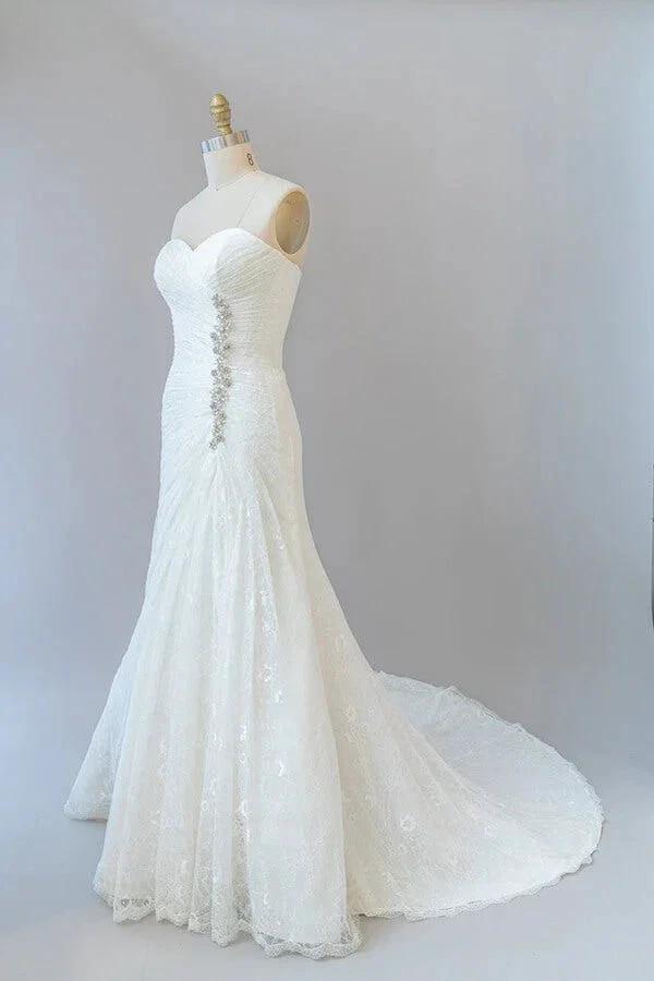 Chic Long Sheath Strapless Ruffle Lace Wedding Dress (ZD14387)