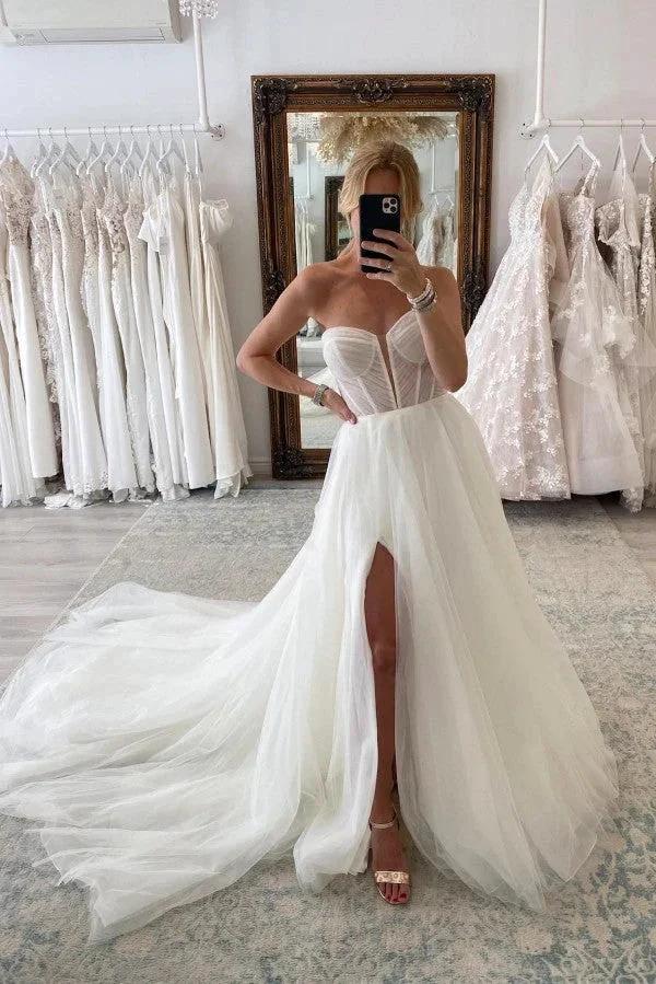Chic Long Sleeves A-line Sweetheart Front Slit Tulle Wedding Dress with Chapel Train (ZD16695)
